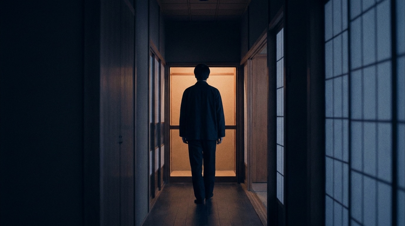 暖色の光が差す部屋の奥へ歩いていく人物の後ろ姿（明日への予告ビジュアル）