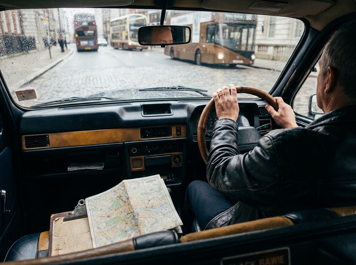 タクシー運転手が地図を見ながら道を確認する車内の手元（ロンドン大学のタクシー運転手研究を象徴するカット）